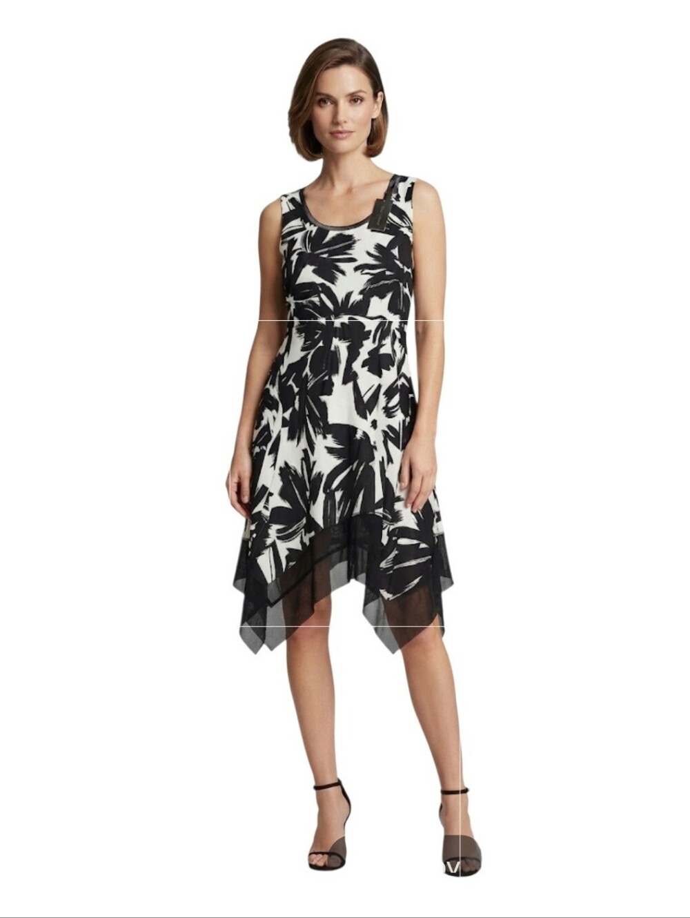 Cable and Gauge Black & White Abstract Print Knit Handkerchief Hem Dress XL